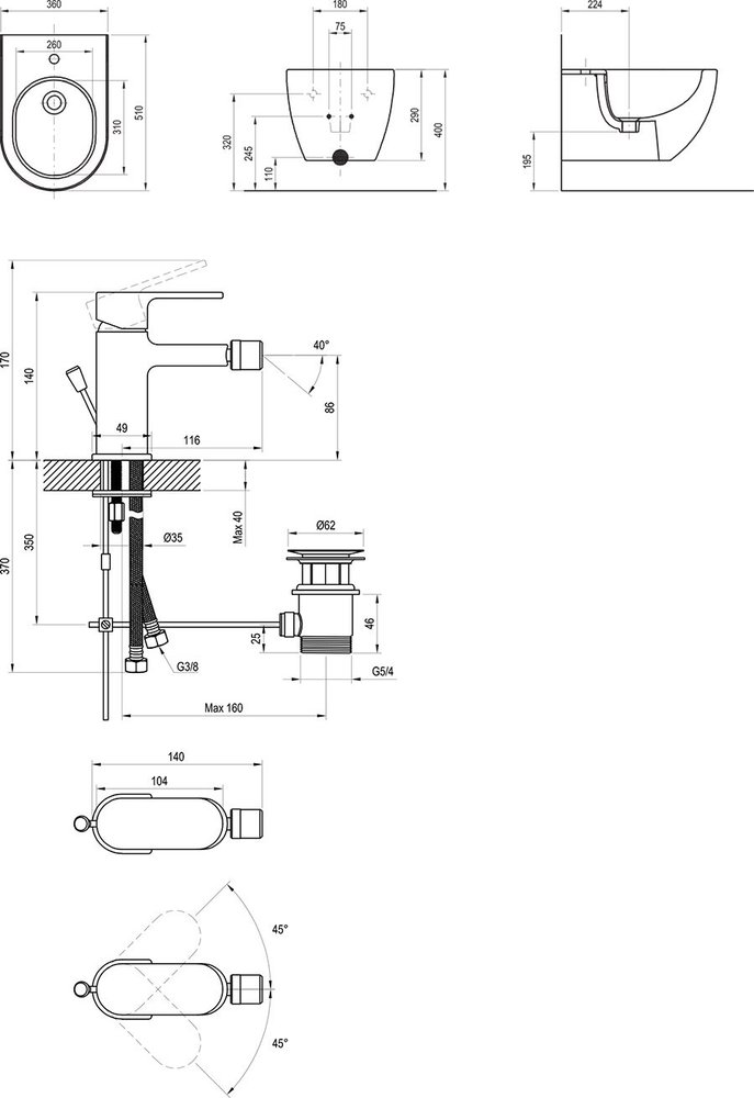 Bidet Uni Chrome a bidetová stojacia batéria Chrome s odtokovou armatúrou